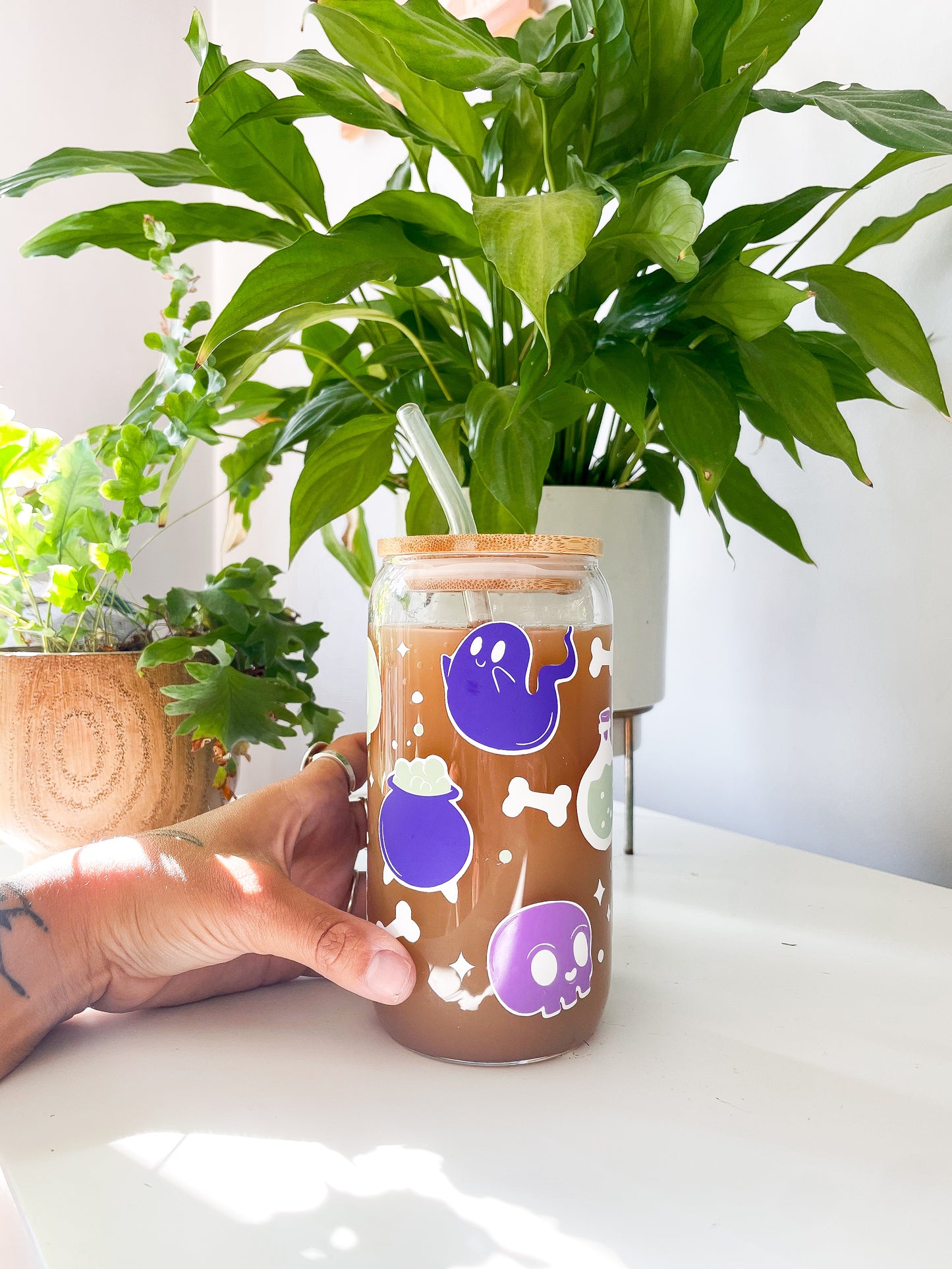Spooky Ghost & Potion Glass Cup with Bamboo Lid and Straw