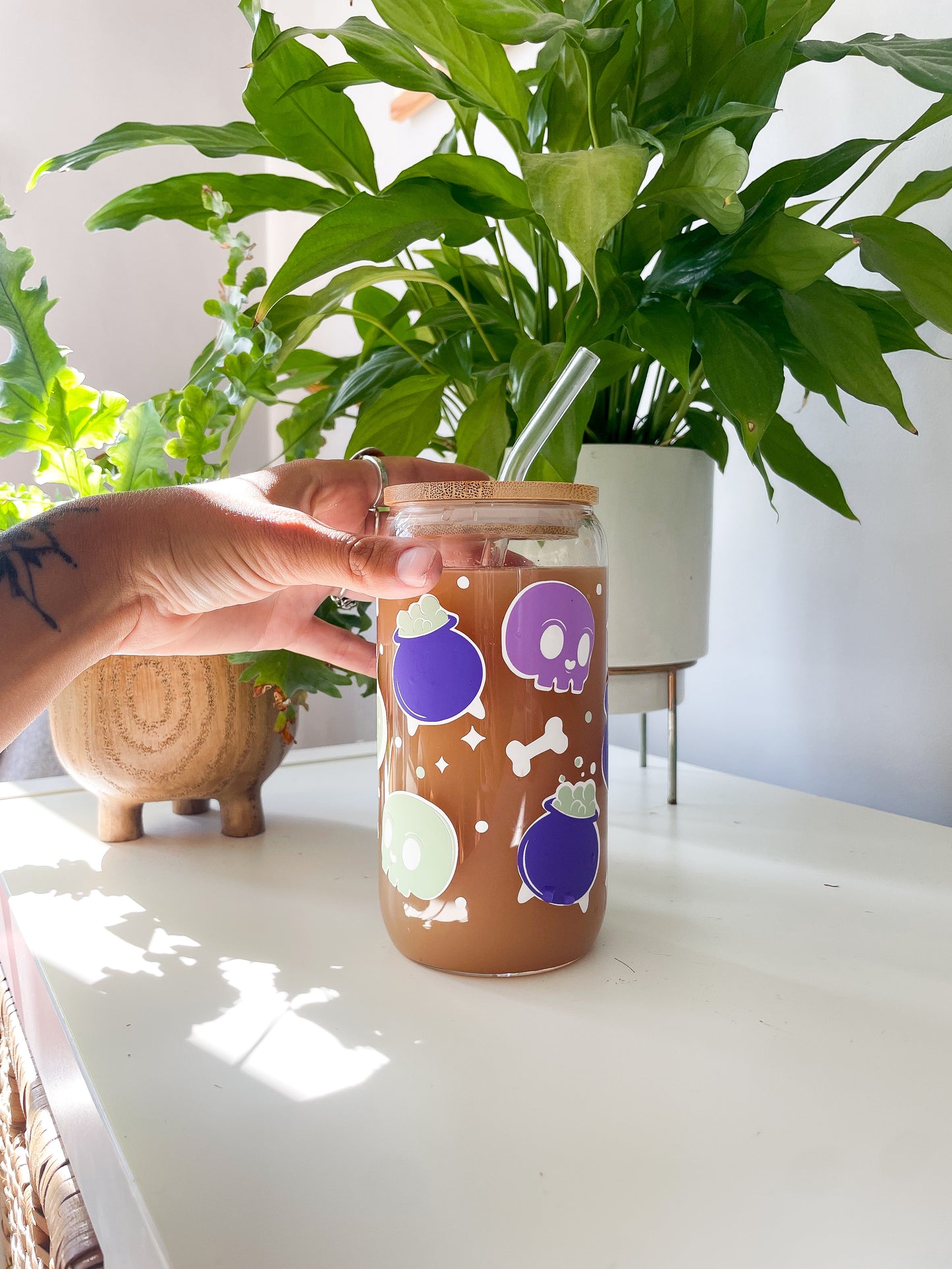 Spooky Ghost & Potion Glass Cup with Bamboo Lid and Straw