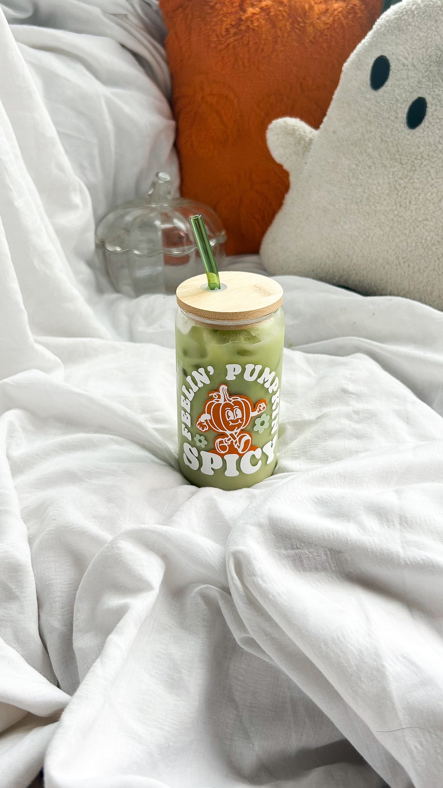 Feelin’ Pumpkin Spicy Glass Cup With Bamboo Lid and Straw
