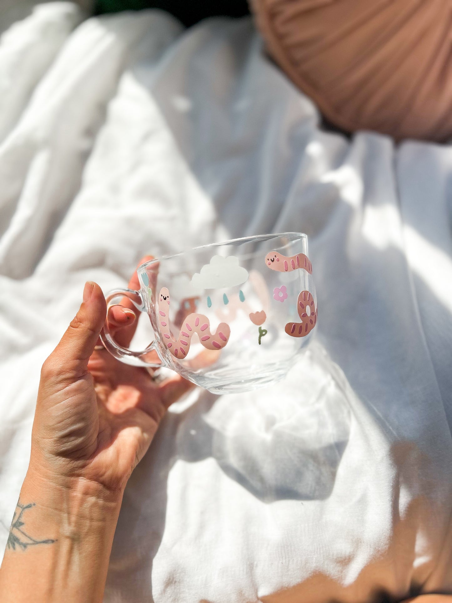 Cute Worm and Rain Cloud Glass Mug