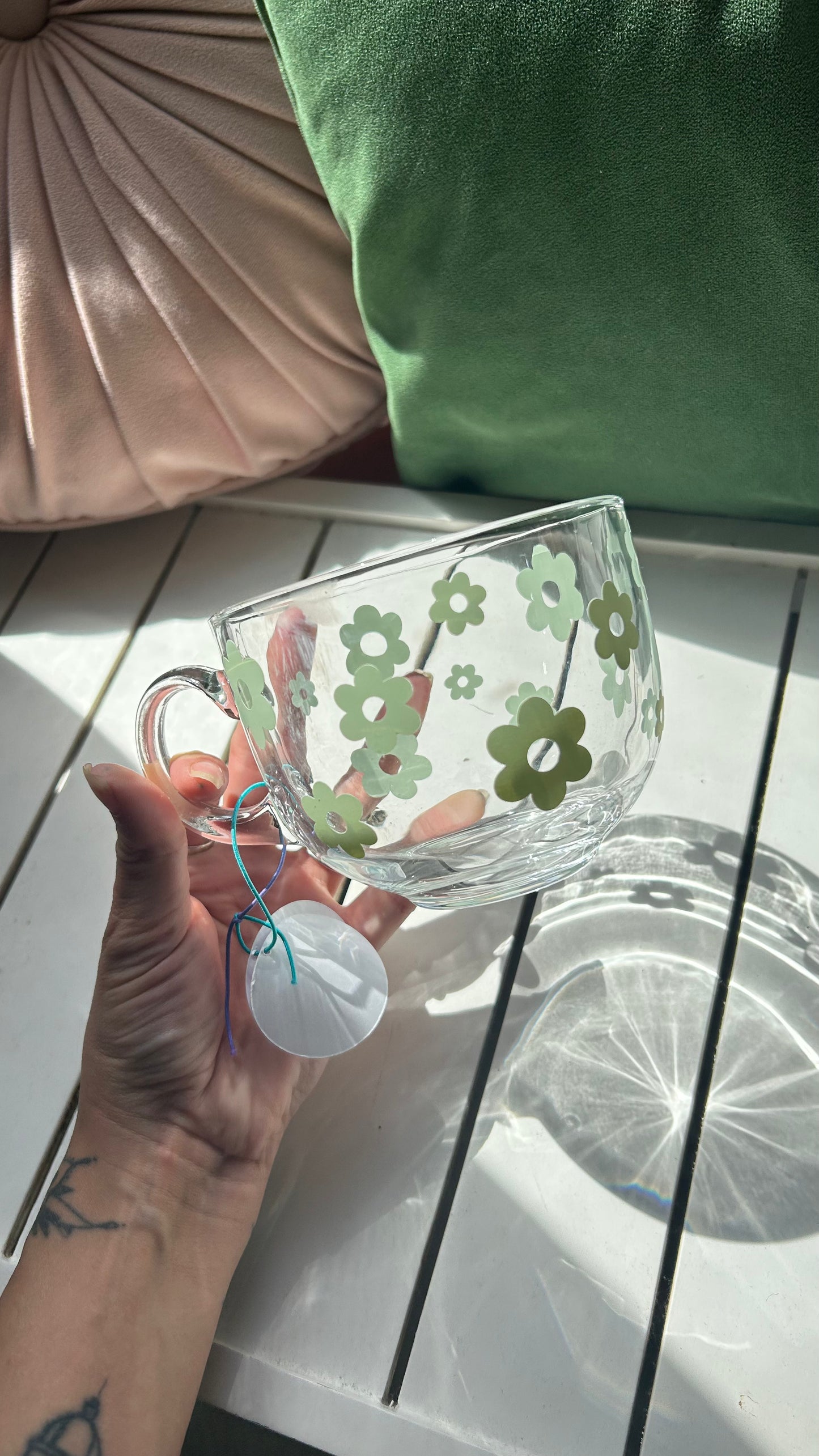 Sage Green Retro Flower Glass Mug