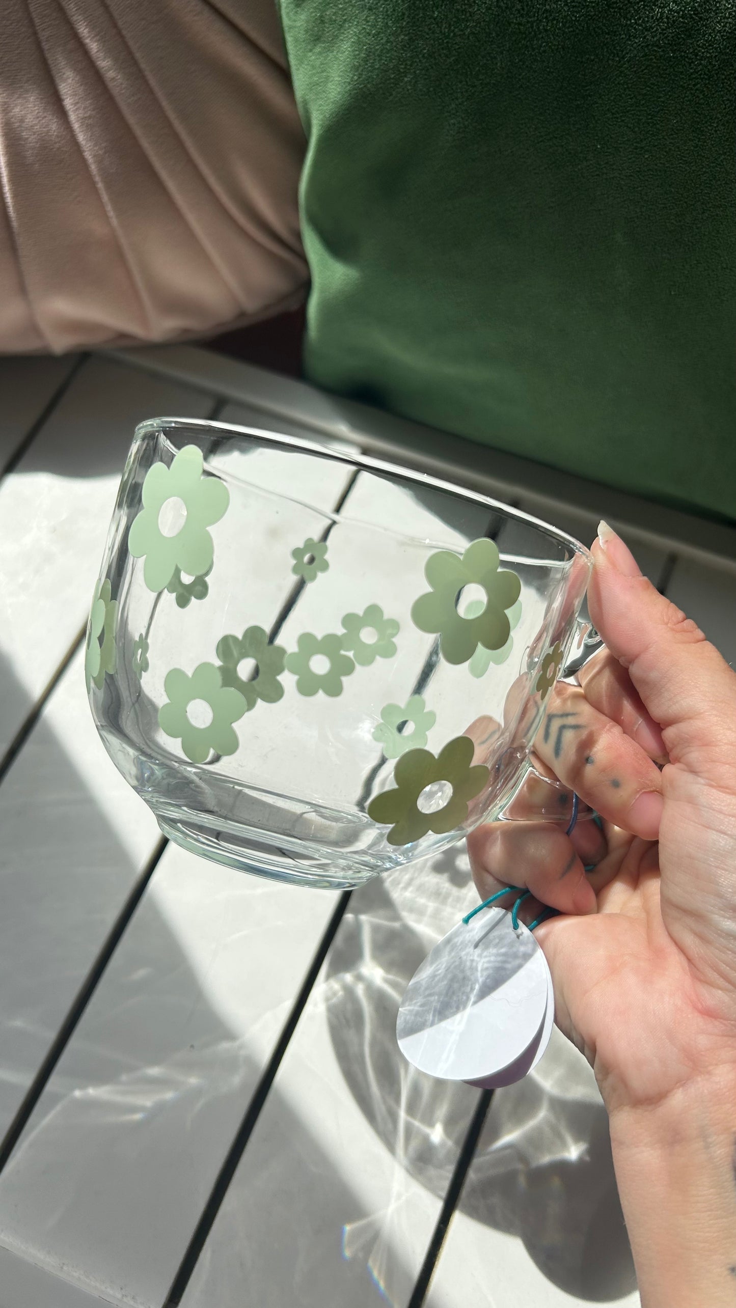 Sage Green Retro Flower Glass Mug