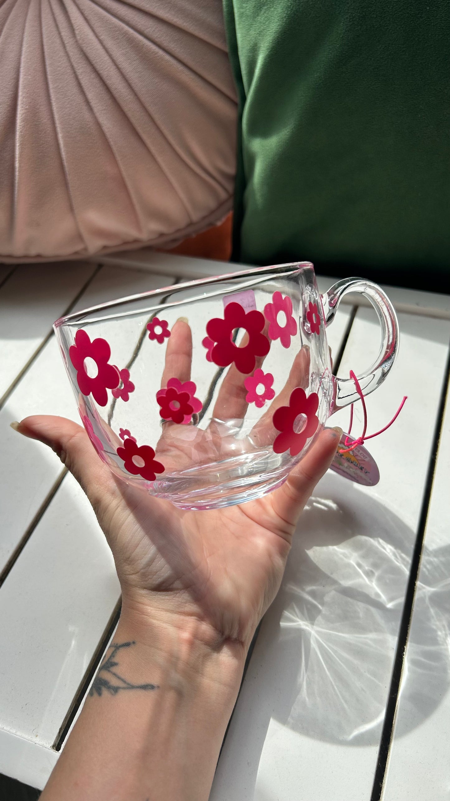 Dark Pink Retro Flower Glass Mug