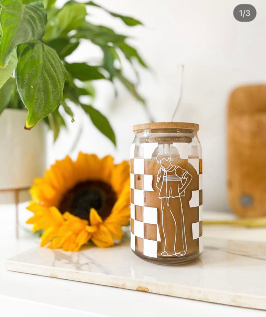 Harry Styles Glass Can with bamboo lid and straw