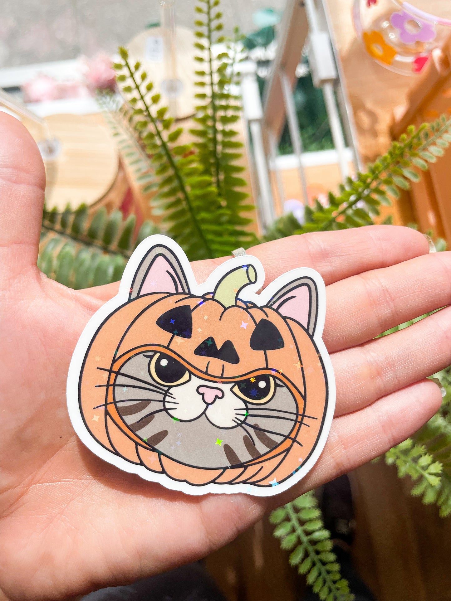 Tabby Pumpkin Cat Sparkly Sticker