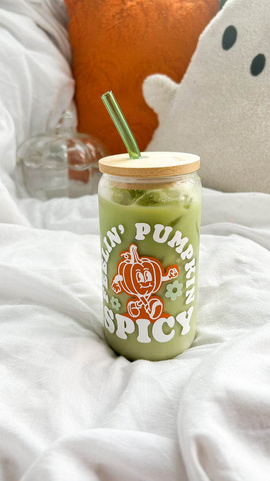 Feelin’ Pumpkin Spicy Glass Cup With Bamboo Lid and Straw