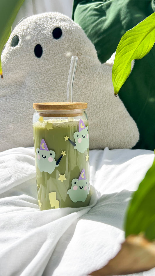 Wizard Frog Glass Tumbler with Bamboo Lid & Straw