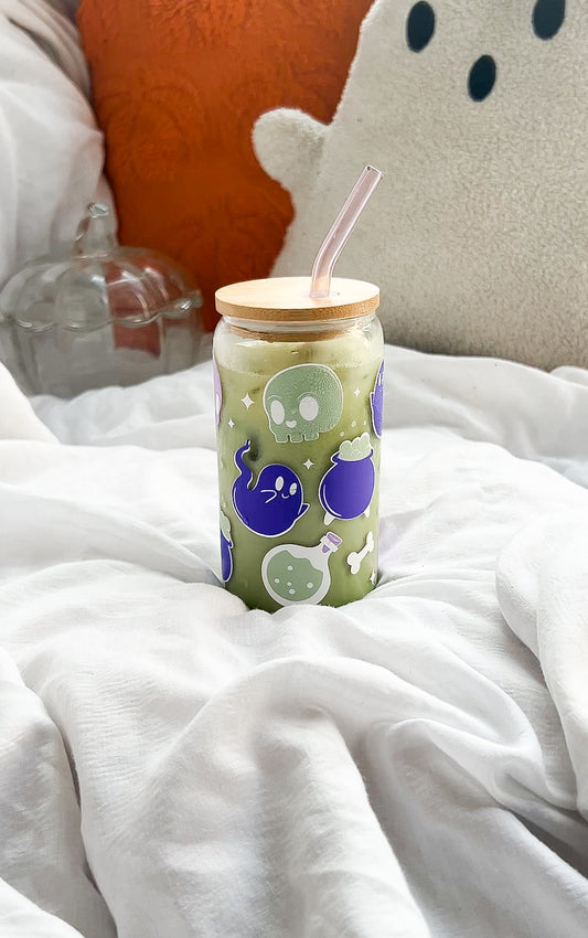 Spooky Ghost & Potion Glass Cup with Bamboo Lid and Straw