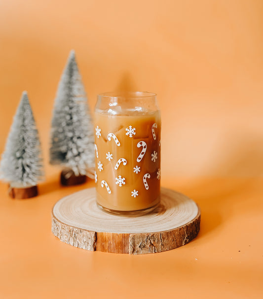 Candy Cane Glass Can with Bamboo Lid and Straw