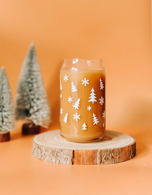 Christmas Tree Glass Can with Bamboo Lid and Straw