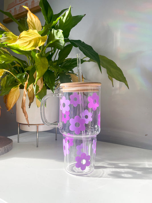 Retro Flower Glass Tumbler with Handle