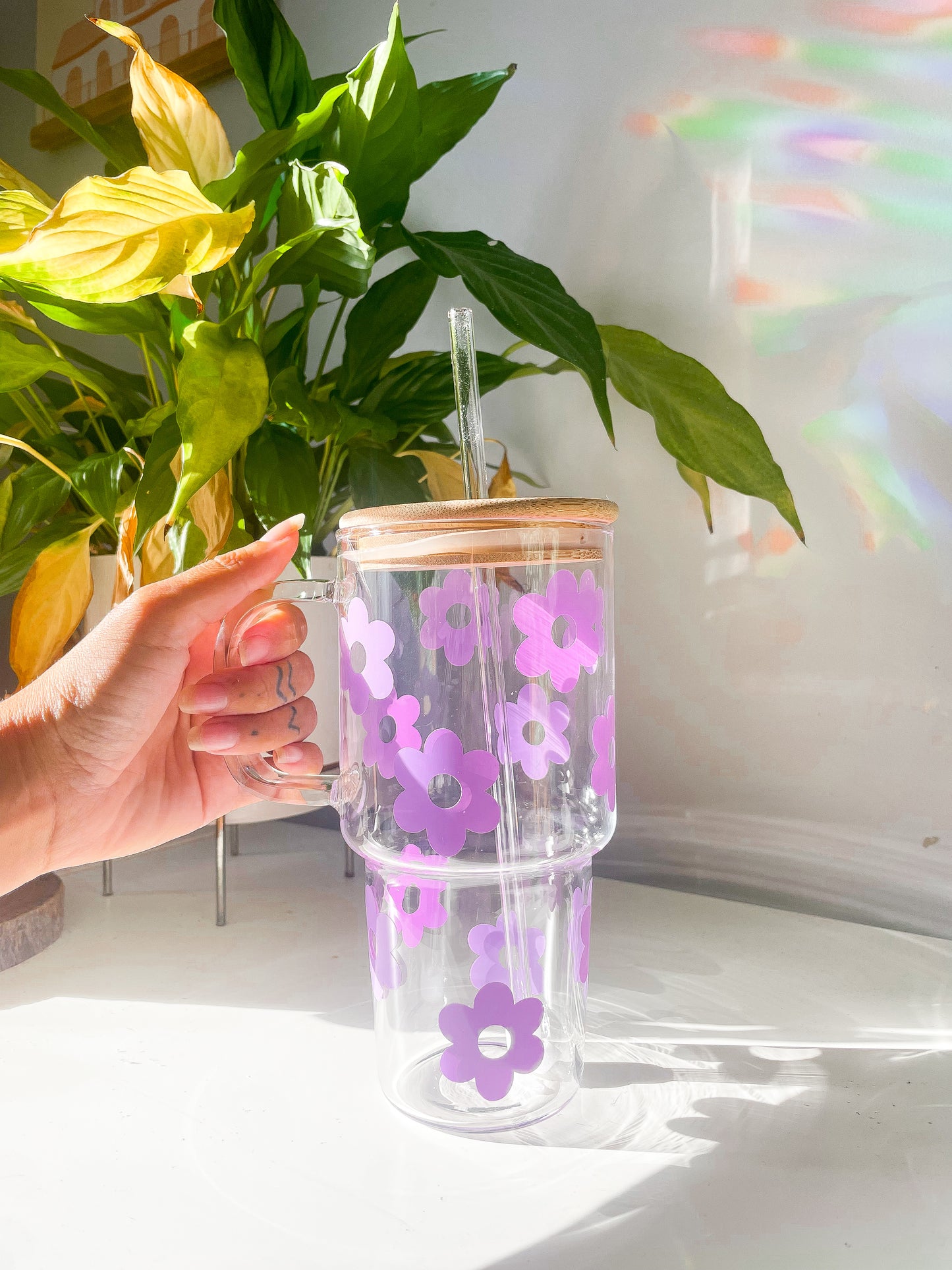 Retro Flower Glass Tumbler with Handle