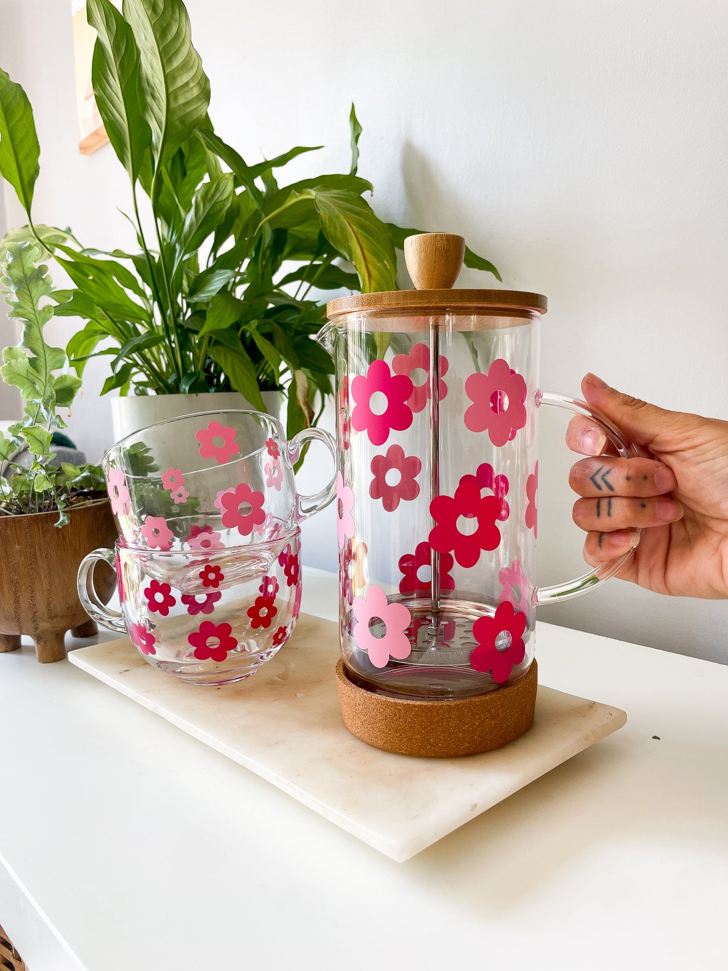 Pink Retro Flower Cafetiere & Mug Set