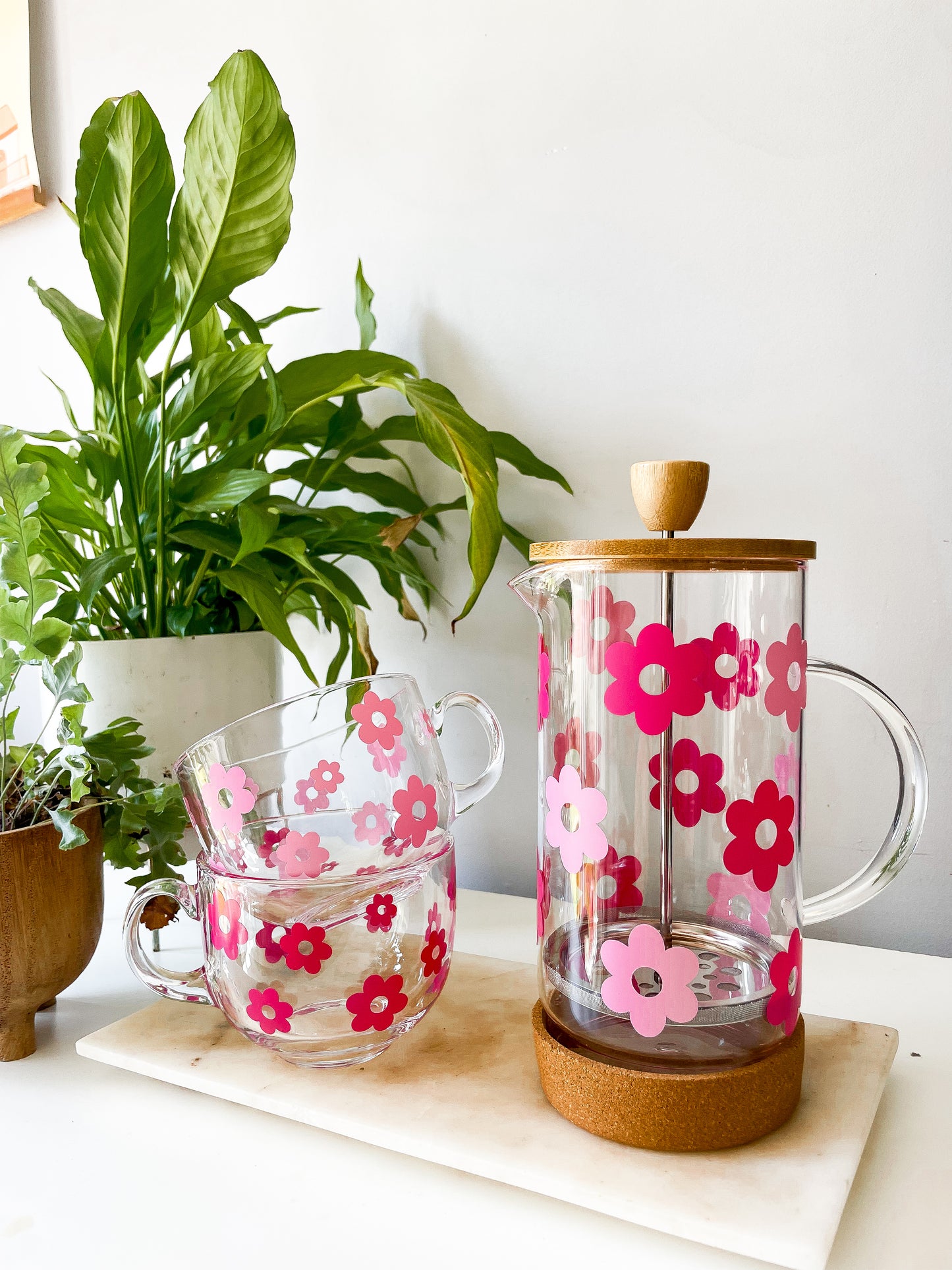 Pink Retro Flower Cafetiere & Mug Set