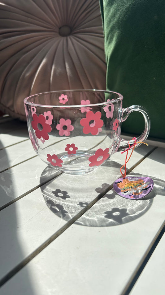 Light Pink Retro Flower Glass Mug