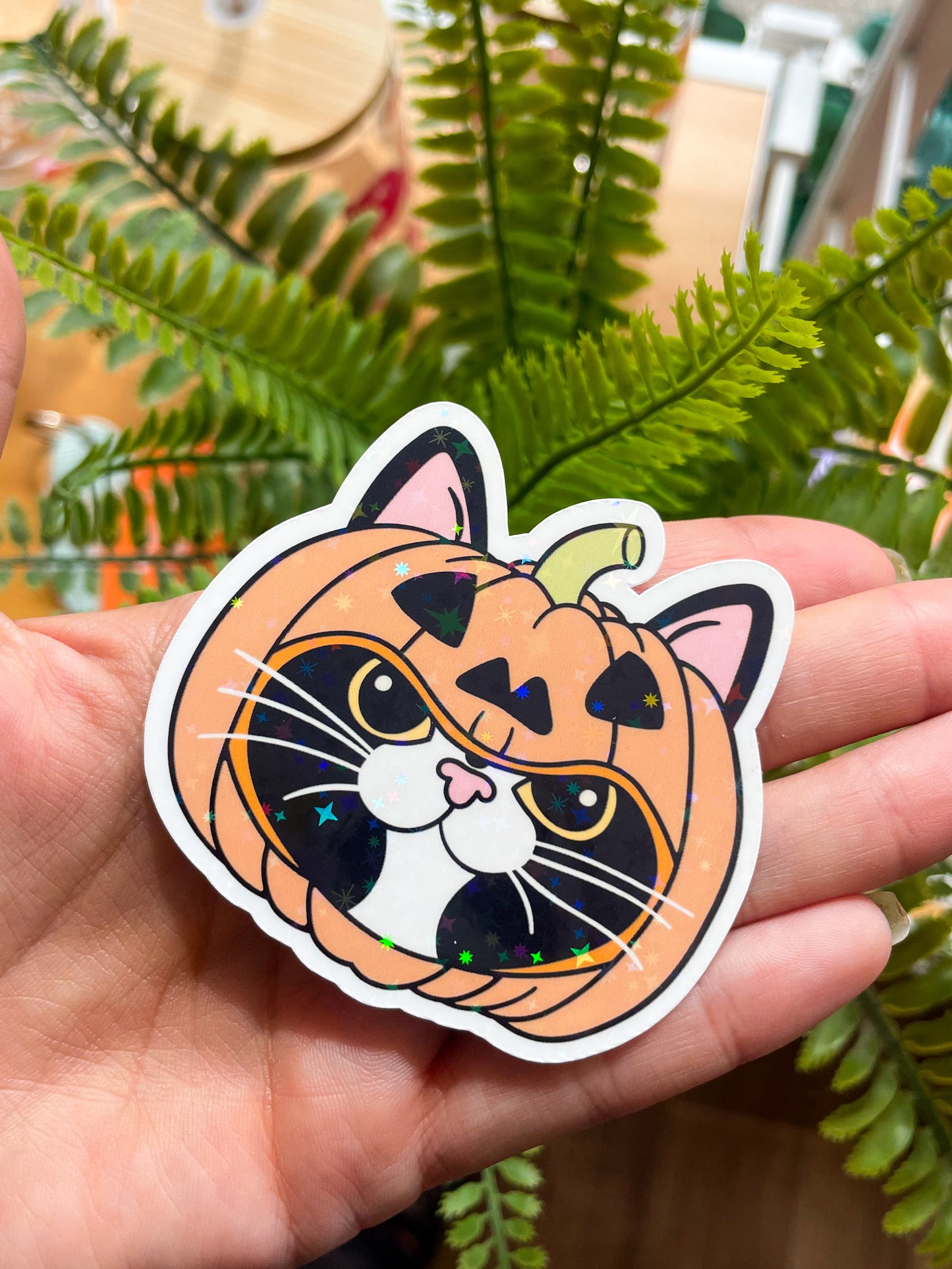 Tuxedo Pumpkin Cat Sparkly Sticker