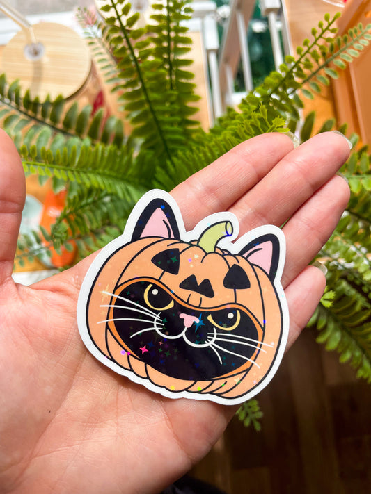 Black Pumpkin Cat Sparkly Sticker