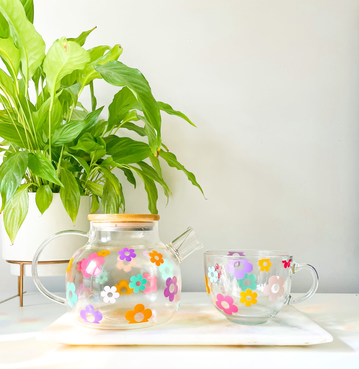 Multicoloured Retro Flower Glass Tea Pot