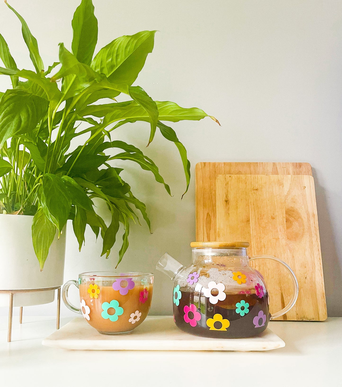 Multicoloured Retro Flower Glass Tea Pot